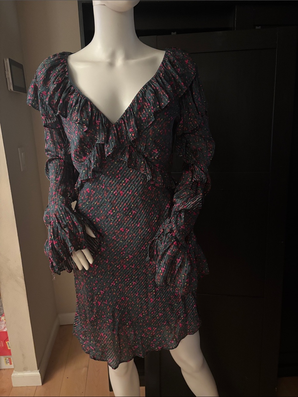 Free People Dark Navy Floral Ruffle Long-Sleeve Dress